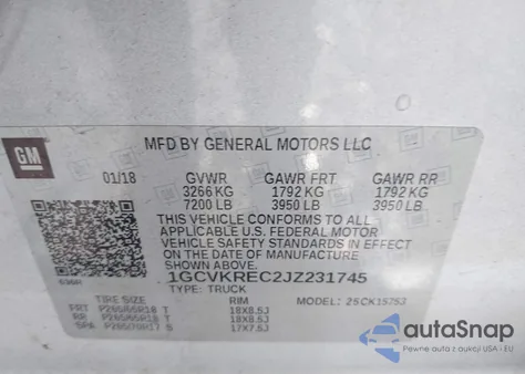 2018 Chevrolet Silverado 2Lt из США, поврежденный, VIN 1GCVKREC2JZ231745